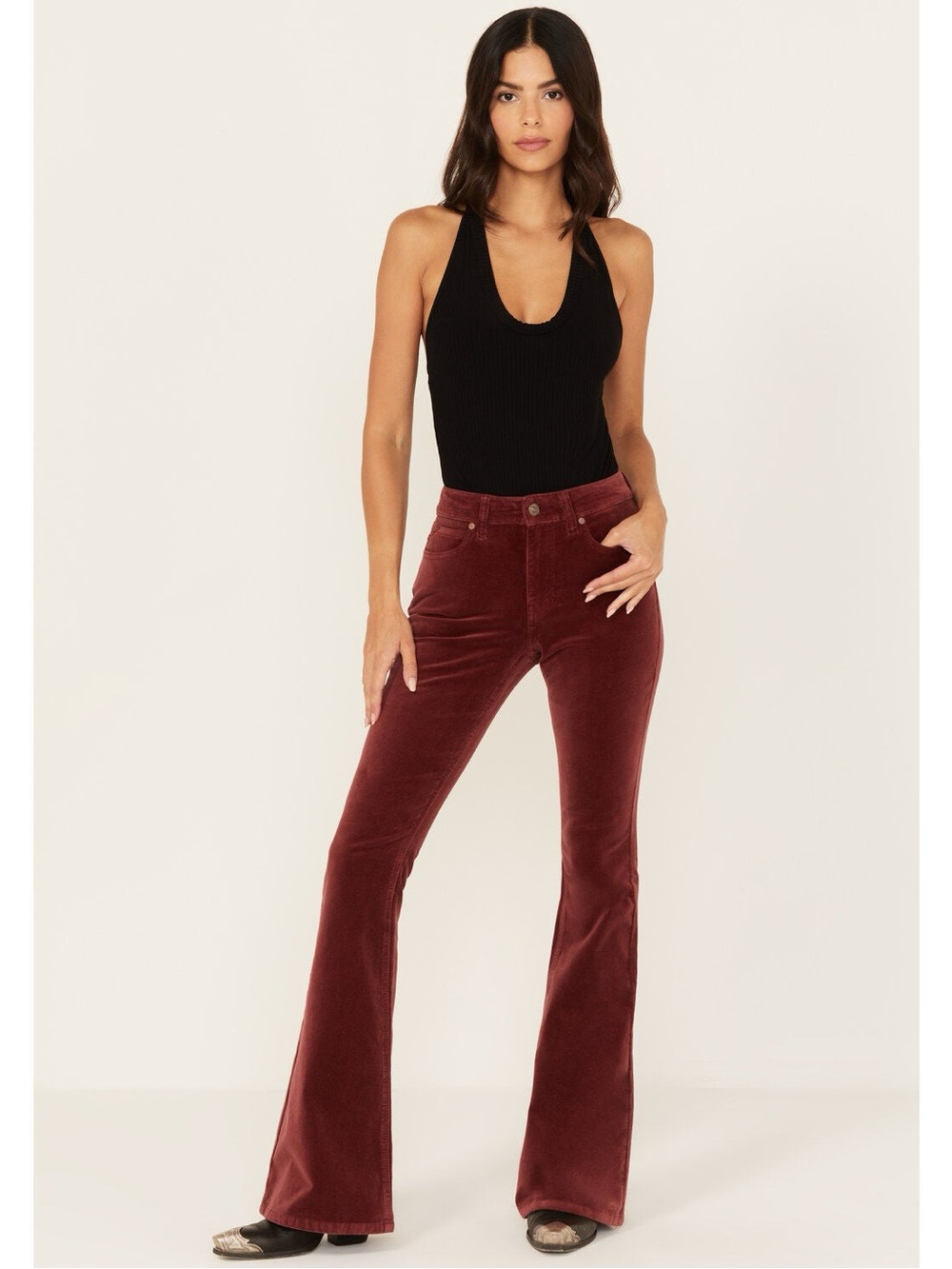 Shyanne Women's Syrah High Rise Velveteen Stretch Flare Jeans 32/34 - Flaw